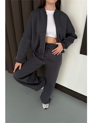 Dip Moda Kadın Antrasit Fermuarlı 3 Iplik Eşofman Takımı DPESF01