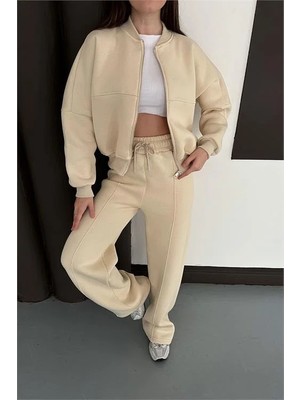 Dip Moda Kadın Bej Fermuarlı 3 Iplik Eşofman Takımı DPESF01