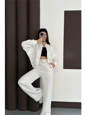 Dip Moda Kadın Ekru Cepli Içi Polarlı 3 Iplik Eşofman Takımı RYHS001