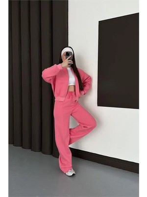 Dip Moda Kadın Pembe Fermuarlı 3 Iplik Eşofman Takımı DPESF01