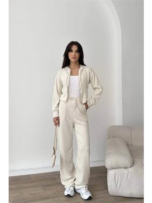 Dip Moda Kadın Ekru Fermuarlı Kapüşonlu Modal Eşofman Takımı DPNP022