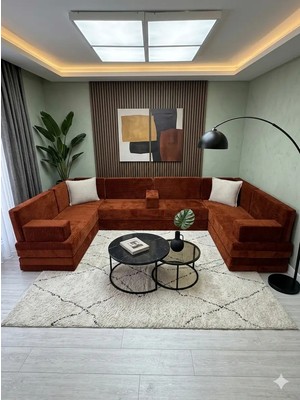 Bakırözü Home Premium Kadife Kumaş, Konforlu Yer Kanepesi ,modüler Şark Köşesi Takımı - Kiremit- 40 cm - U Set