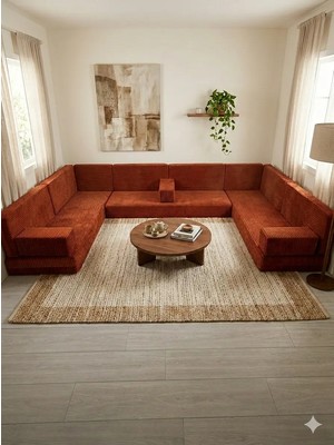 Bakırözü Home Premium Kadife Kumaş, Konforlu Yer Kanepesi ,modüler Şark Köşesi Takımı - Kiremit- U Set