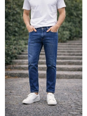 Connemara Erkek Slim Fit Lacivert Kot Pantolon – Paça Katlamalı, Doğal Yıkama