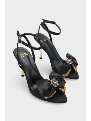 LOJO Kadın Sivri Burun Fiyonk Toka Detaylı Altın ökçeli Günlük Topuklu Stiletto Scala Siyah