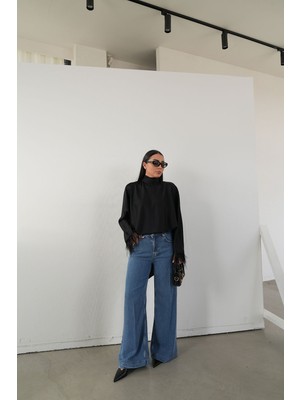 Özge Özgenç Dökümlü Kumaş Wideleg Jean