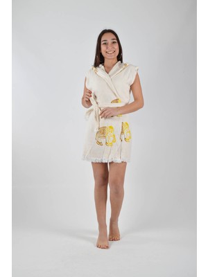 Caspara Kadın Elephant Desen Pamuklu Müslin Kapüşonlu Plaj Yelek Pareo Kimono Plaj Üstü Çok Amaçlı Bornoz