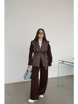 Özge Özgenç Kapüşonlu Oversize Triko Hırka Pantolon Takım