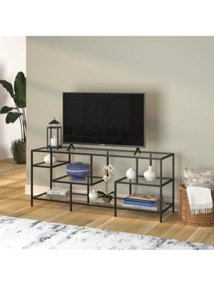 Merzana Metal Siyah Tv Ünitesi, Cam Raflı Tv Ünitesi