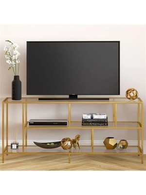 Merzana Gold Modern Metal Tv Ünitesi – Çok Amaçlı Raflı Tv Sehpası | Minimalist Salon Konsolu