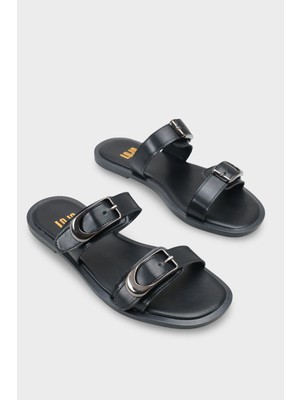 LOJO Kadın Çift Bantlı Tokalı Günlük Terlik Nikola Siyah