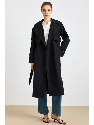 Olcay Apolet ve Pelerin Detaylı Salaş Yarım Astarlı Trençkot Siyah 6844