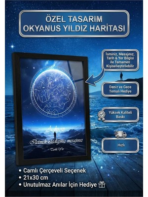 Kişiye Özel Yıldız Haritası Cam Tablo Galaksi Mavi Parlak Duygusal Hediye Gökyüzü Haritası
