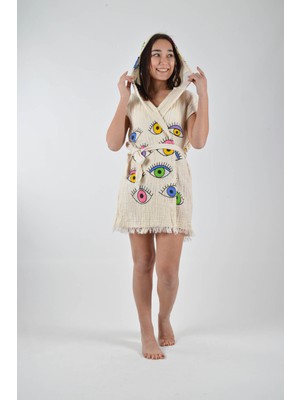 Caspara Kadın Göz Desen Pamuklu Müslin Kapüşonlu Plaj Yelek Pareo Kimono Plaj Üstü Çok Amaçlı Bornoz