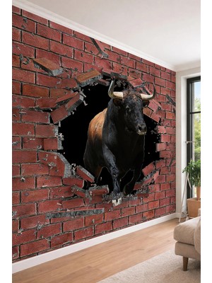 Dreamwall 3D Görsel Efektli Tuğla Duvarı Yıkan Siyah Boğa Temalı Tek Parça Tekstil Duvar Kağıdı