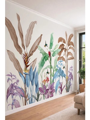Dreamwall Egzotik Tropikal Bitkiler ve Kolibri Kuş Desenli Vintage Tek Parça Tekstil Duvar Kağıdı