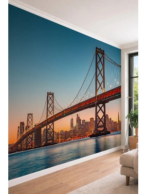 Dreamwall Modern Şehir Silueti ve Işıltılı Asma Köprü Temalı Panoramik Tekstil Duvar Kağıdı