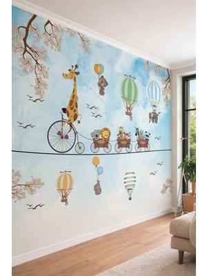 Dreamwall Çocuk Odası Zürafa, Aslan ve Panda Temalı Uçan Balonlu Tek Parça Tekstil Duvar Kağıdı