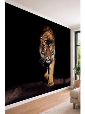 Dreamwall Kaplan Figürlü Vahşi Doğa Temalı Dark 3D Derinlik Etkili Tek Parça Tekstil Duvar Kağıdı