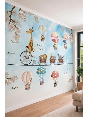 Dreamwall Çocuk Odası Temalı Uçan Balonlu ve Hayvan Figürlü Tek Parça Tekstil Duvar Kağıdı