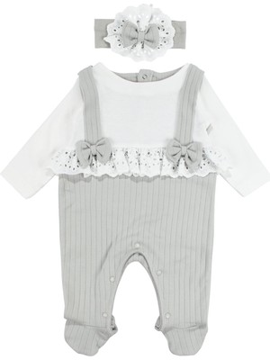 by BebekOdam Kız Bebek Ekru Yeşil Fistolu Fiyonklu Bandanalı Patikli Tulum - 1016526