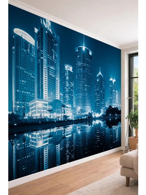 Dreamwall Gece Şehir Manzaralı Gökdelen ve Su Yansımalı Tek Parça Tekstil Duvar Kağıdı