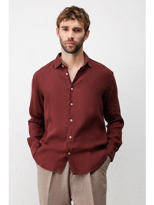 Antioch Bordo 100% Keten Relax Fit Erkek Gömlek