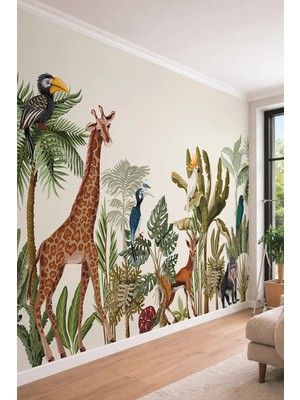 Dreamwall Sanatsal Safari Hayvanları ve Tropikal Doğa Illüstrasyon Temalı Tekstil Duvar Kağıdı