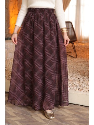 İmaj Butik Kahverengi Bel Lastikli Astarlı Şifon Etek