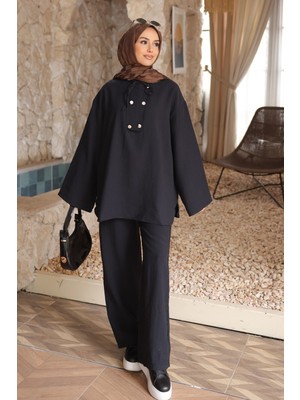 İmaj Butik Siyah Yaka Detaylı Tunik Pantolonlu Takım