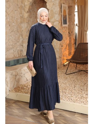 İmaj Butik Lacivert Kol Lastikli Kuşaklı Gofre Elbise