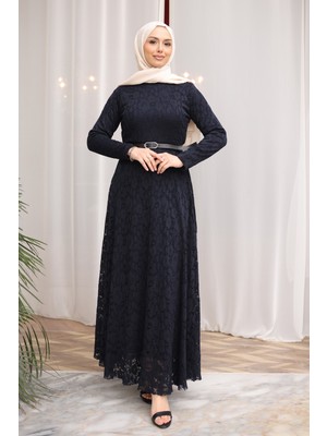 İmaj Butik Lacivert Bel Kemerli Dantelli Tül Elbise