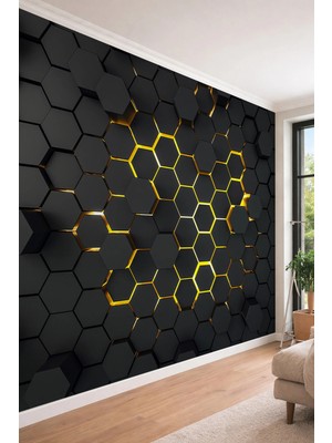 Dreamwall 3D Görünümlü Siyah Heksagon Petek Desenli Tek Parça Tekstil Duvar Kağıdı