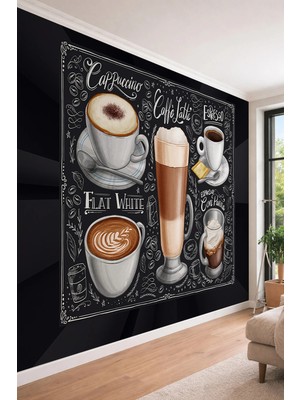 Dreamwall Chalkboard Kahve Çeşitleri Cappuccino Latte Espresso Desenli Tek Parça Duvar Kağıdı