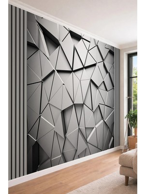 Dreamwall 3D Gri Parametrik Üçgen Desenli Modern ve Fütüristik Tek Parça Tekstil Duvar Kağıdı