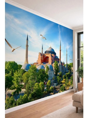 Dreamwall Ayasofya-I Kebir Camii ve Martı Temalı Istanbul Manzaralı Tekstil Duvar Kağıdı