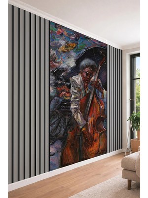 Dreamwall Sanatsal Yağlı Boya Dokulu Caz Müzisyeni ve Kontrabas Temalı Tekstil Duvar Kağıdı