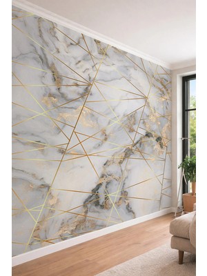 Dreamwall Gold Geometrik Çizgili ve Mermer Desenli Lüks Tek Parça Tekstil Duvar Kağıdı
