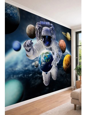 Dreamwall 3D Derinlikli Astronot ve Güneş Sistemi Gezegenleri Temalı Uzay Yolu Tekstil Duvar Kağıdı