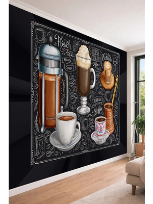 Dreamwall Chalkboard French Press ve Türk Kahvesi Desenli Tek Parça Duvar Kağıdı
