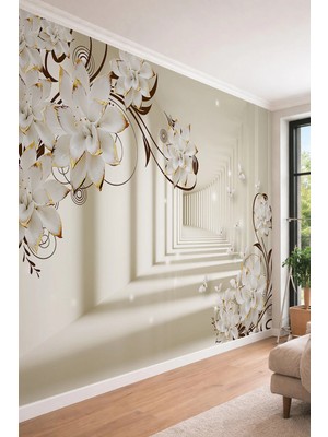 Dreamwall 3D Sonsuz Koridor Perspektifli Çiçek ve Kelebek Desenli Tek Parça Tekstil Duvar Kağıdı