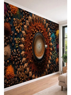 Dreamwall Kahve Çekirdekleri ve Fincan Modern Temalı Tek Parça Tekstil Duvar Kağıdı