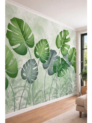 Dreamwall Dev Monstera Yaprak Desenli Modern Yeşil ve Beyaz Tonlu Tek Parça Tekstil Duvar Kağıdı