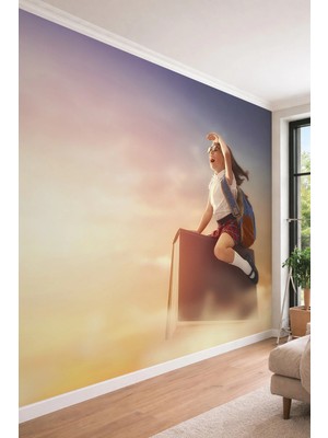 Dreamwall Hayalperest Çocuk ve Uçan Kitap Temalı Ilham Verici Tek Parça Tekstil Duvar Kağıdı
