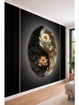 Dreamwall Yin Yang ve Lotus Çiçeği Temalı 3D Efektli Modern Tek Parça Tekstil Duvar Kağıdı