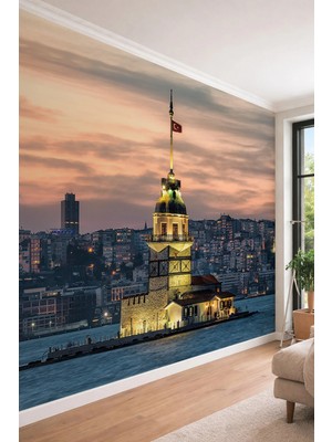 Dreamwall Istanbul Kız Kulesi Manzaralı Gün Batımı ve Şehir Işıkları Temalı Tekstil Duvar Kağıdı