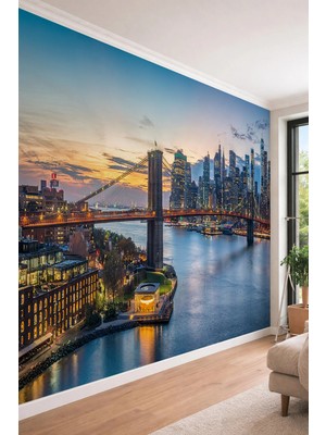 Dreamwall New York Manhattan Silüeti ve Brooklyn Köprüsü Gece Manzaralı Tekstil Duvar Kağıdı