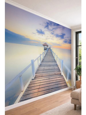 Dreamwall 3D Görünümlü Deniz Manzaralı ve Ahşap Iskele Desenli Tek Parça Tekstil Duvar Kağıdı