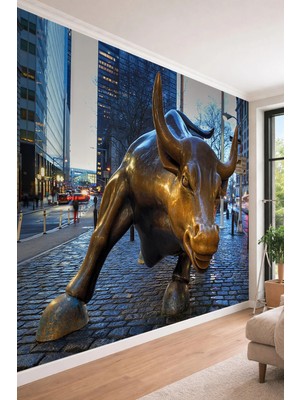 Dreamwall Wall Street Boğası Temalı Şehir Manzaralı Motivasyonel Tek Parça Tekstil Duvar Kağıdı