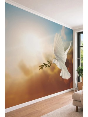 Dreamwall Zeytin Dalı Taşıyan Güvercin Temalı Gün Doğumu Efektli Tek Parça Tekstil Duvar Kağıdı